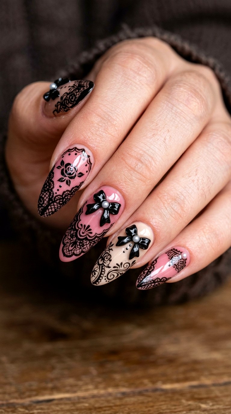 Black Lace Coquette Nails - 21 coquelte lace nail ideas