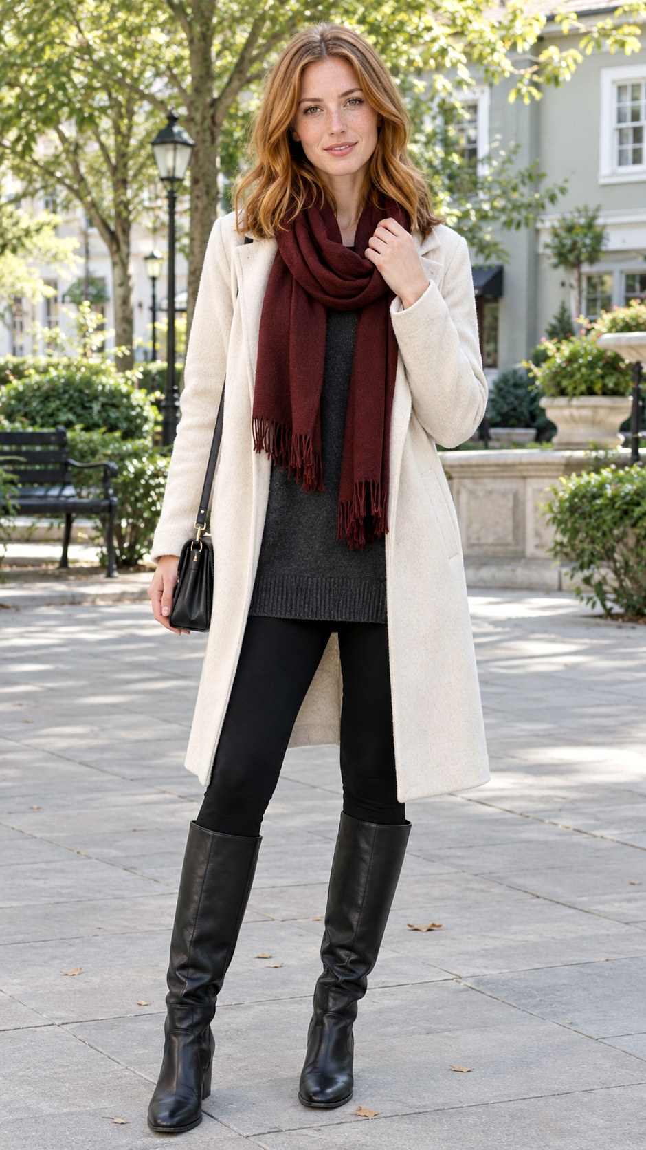 Black Leggings With Cream Coat - 20 leggings outfit fall