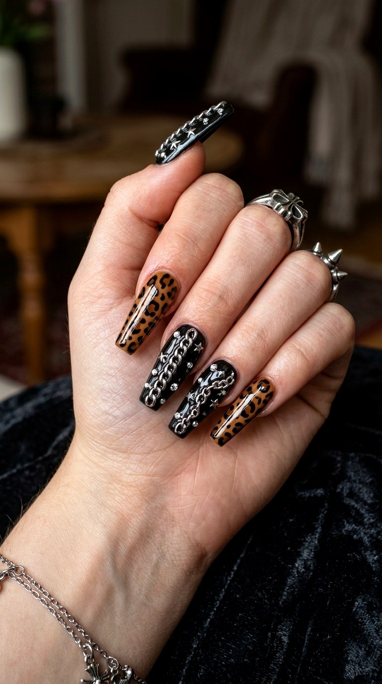 Black Leopard Chain Details - 20 Mcbling Gothic leopard Y2K nail ideas