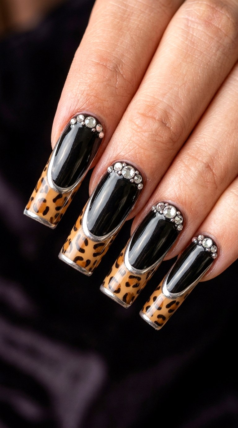 Black Leopard Chrome Tips - 20 Mcbling Gothic leopard Y2K nail ideas