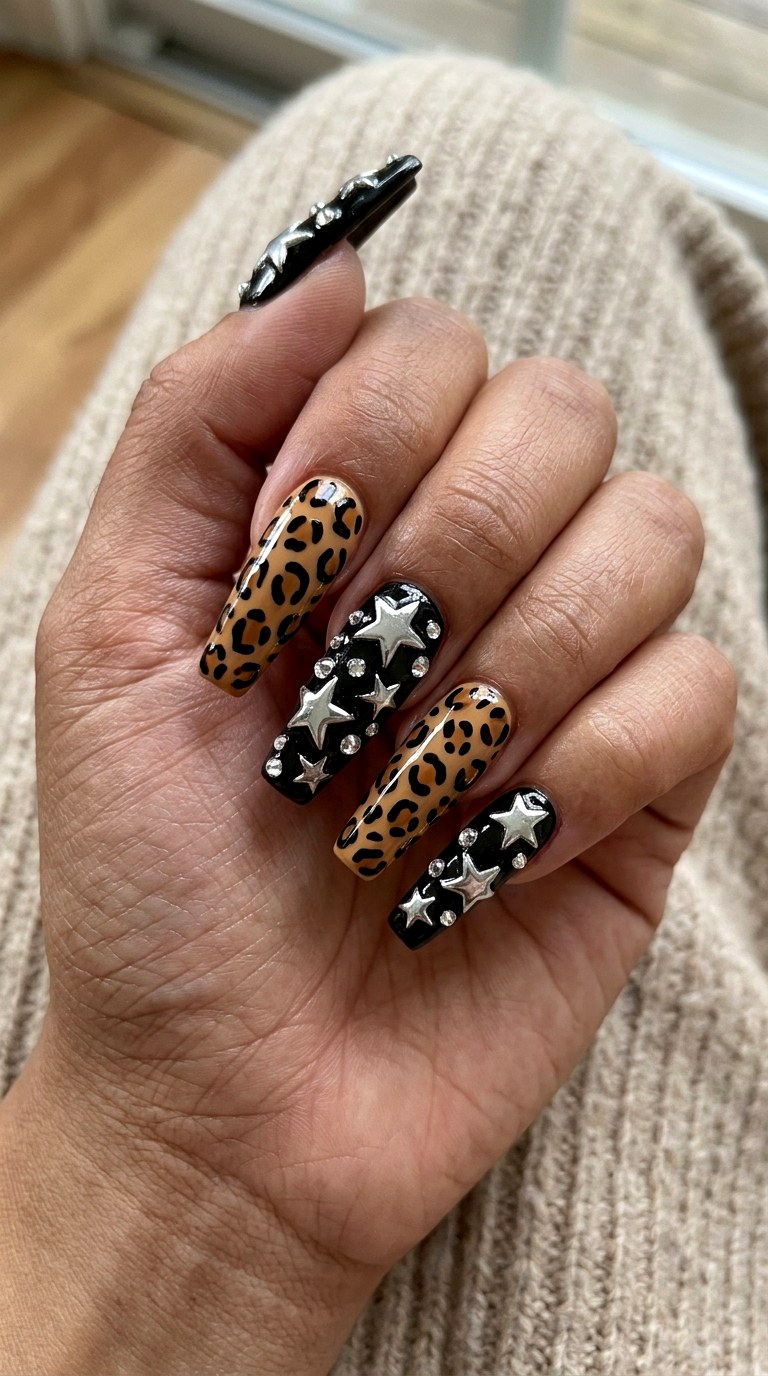 Black Leopard Star Nails - 20 Mcbling Gothic leopard Y2K nail ideas