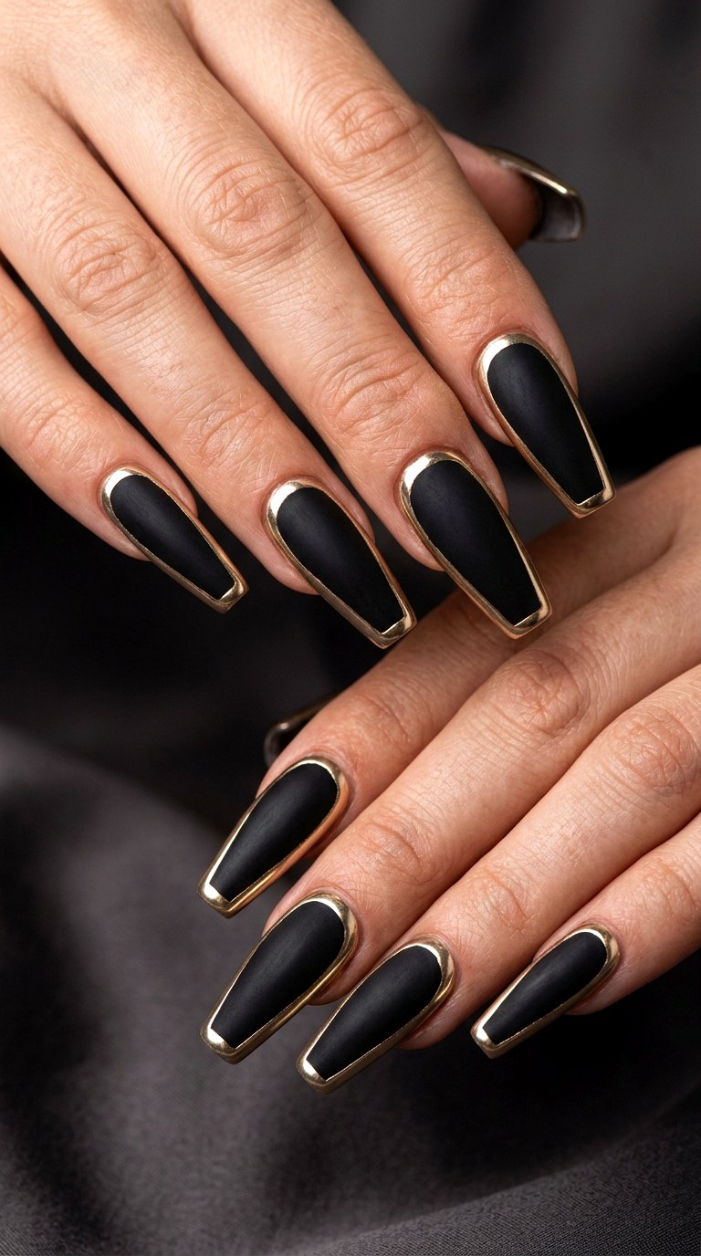Black Matte With Gold Chrome - 20 luxury Chrome outline nail ideas