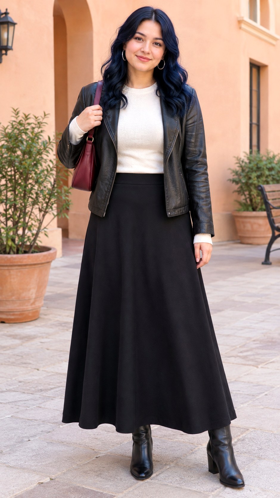 Black Maxi Skirt With Leather Jacket - 20 fall skirt outfits