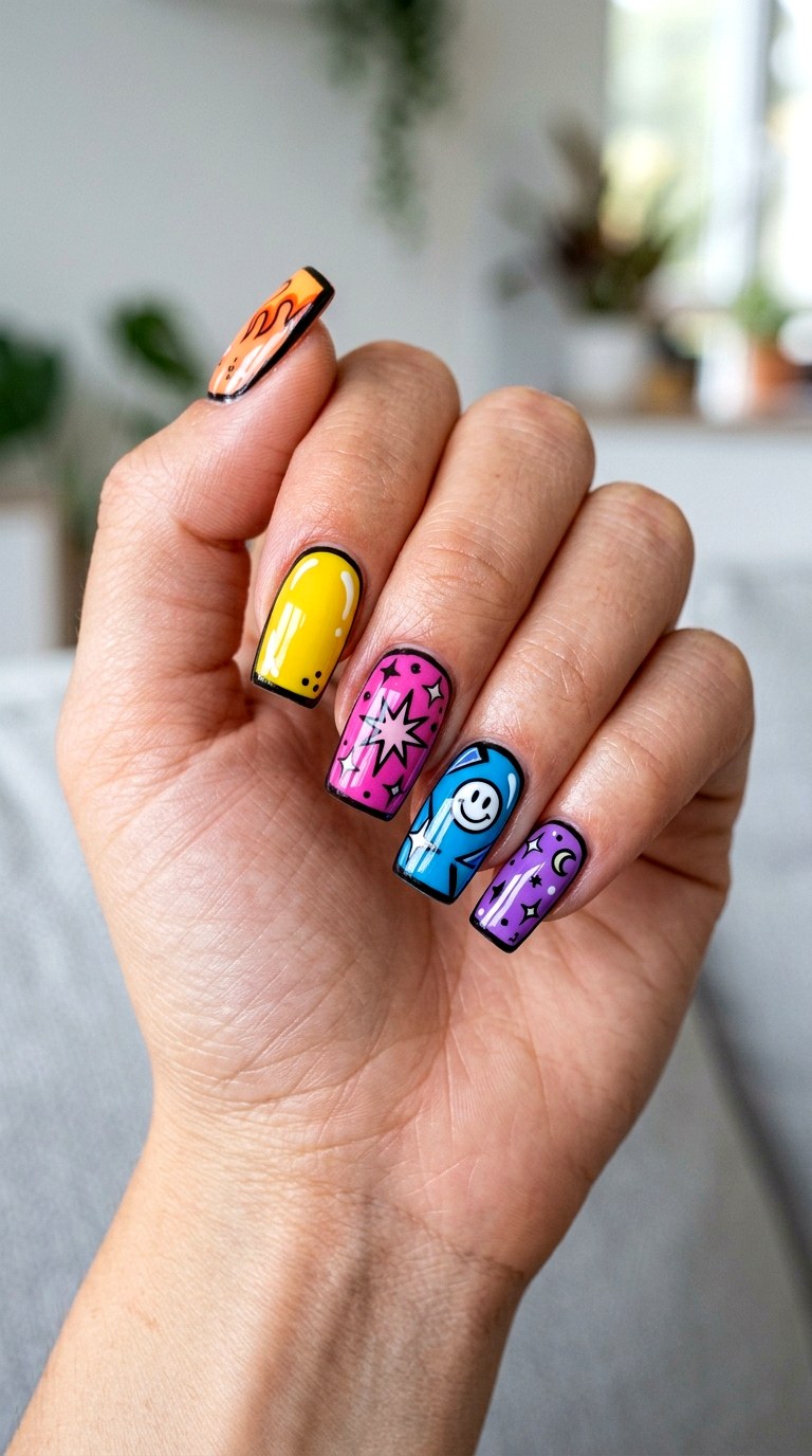 Black Outline Comic Nails - 20 Y2K comic nails design ideas