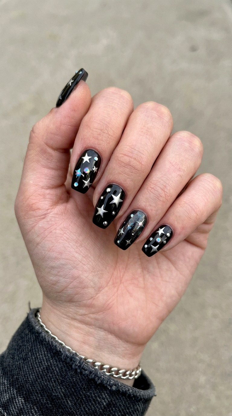Black Silver Star Nails - 24 y2k star short nail ideas
