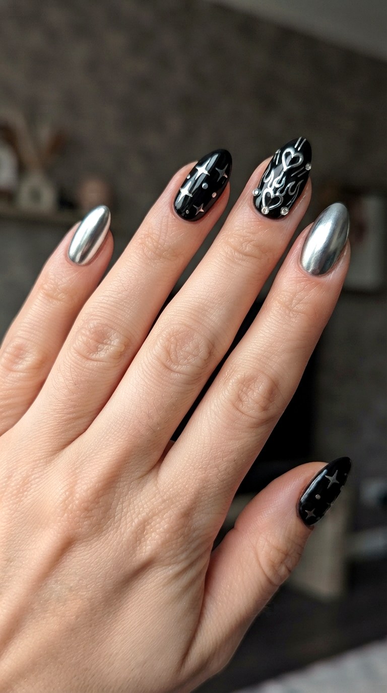 Black Silver YK Glam - 22 retro Y2K almond nail ideas