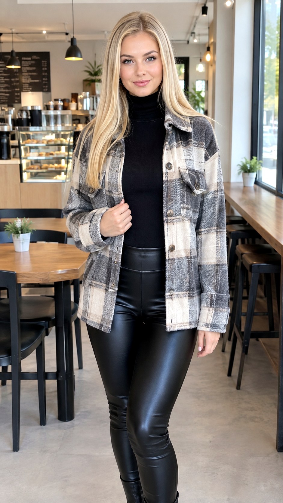 Black Turtleneck And Leather Pants With Plaid Shacket - 23 plaid shacket outfit women ideas