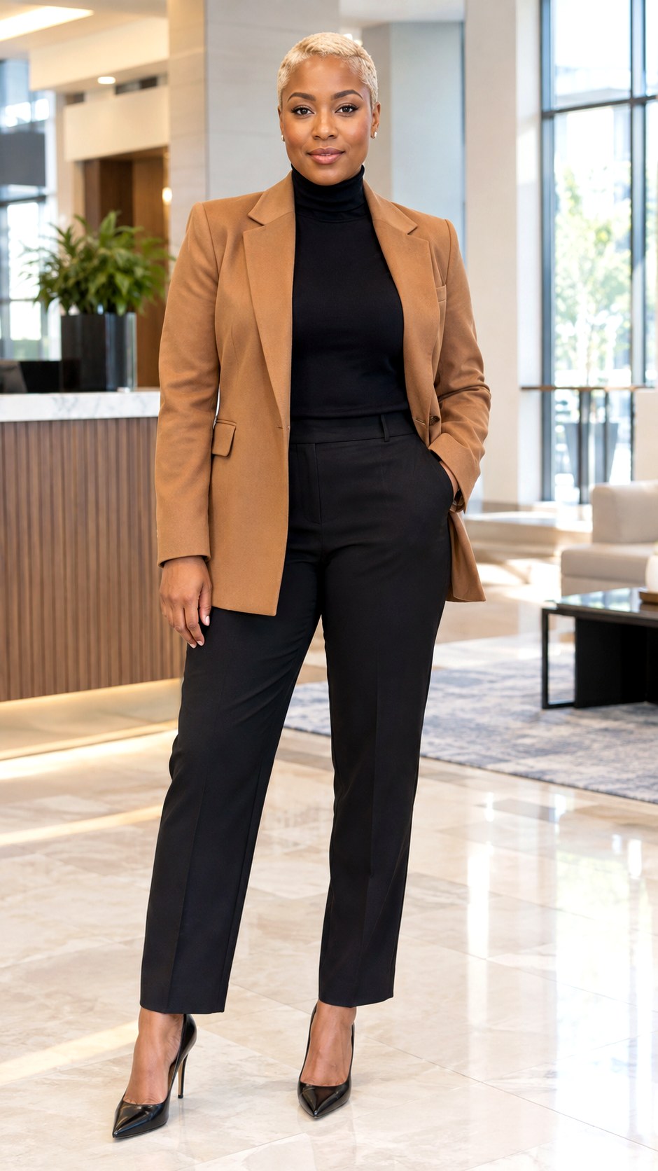 Black Turtleneck and Tailored Trousers - 23 brown blazer outfits for women ideas