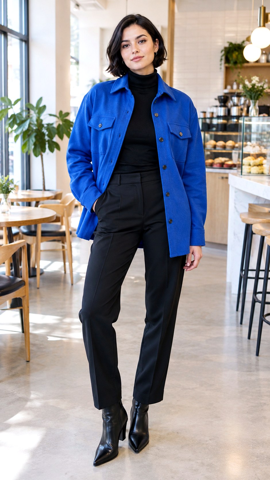 Black Turtleneck and Tailored Trousers - 20 blue shacket outfit ideas