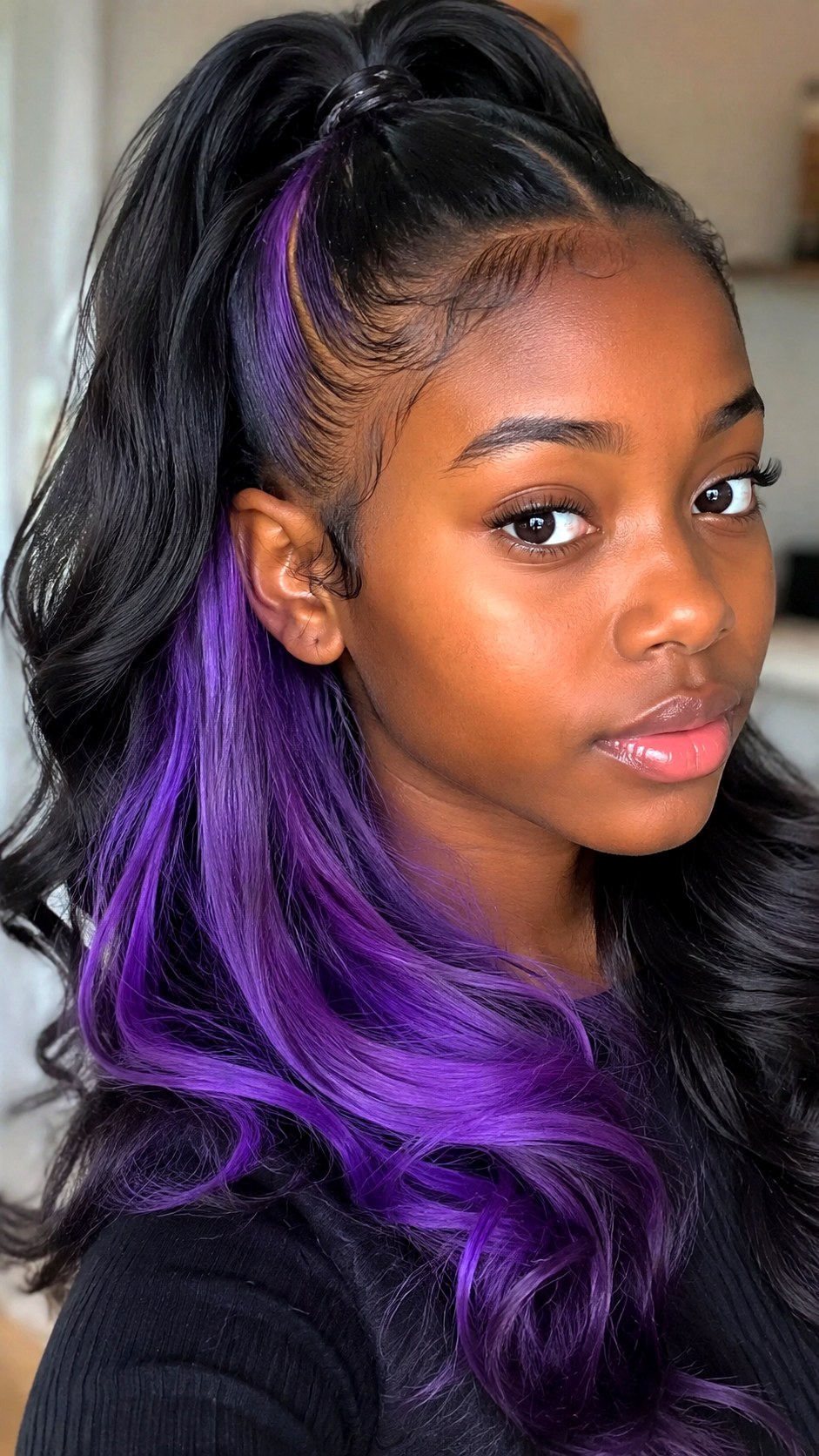 Black Velvet with Violet Peekaboo - 21 black hair color ideas