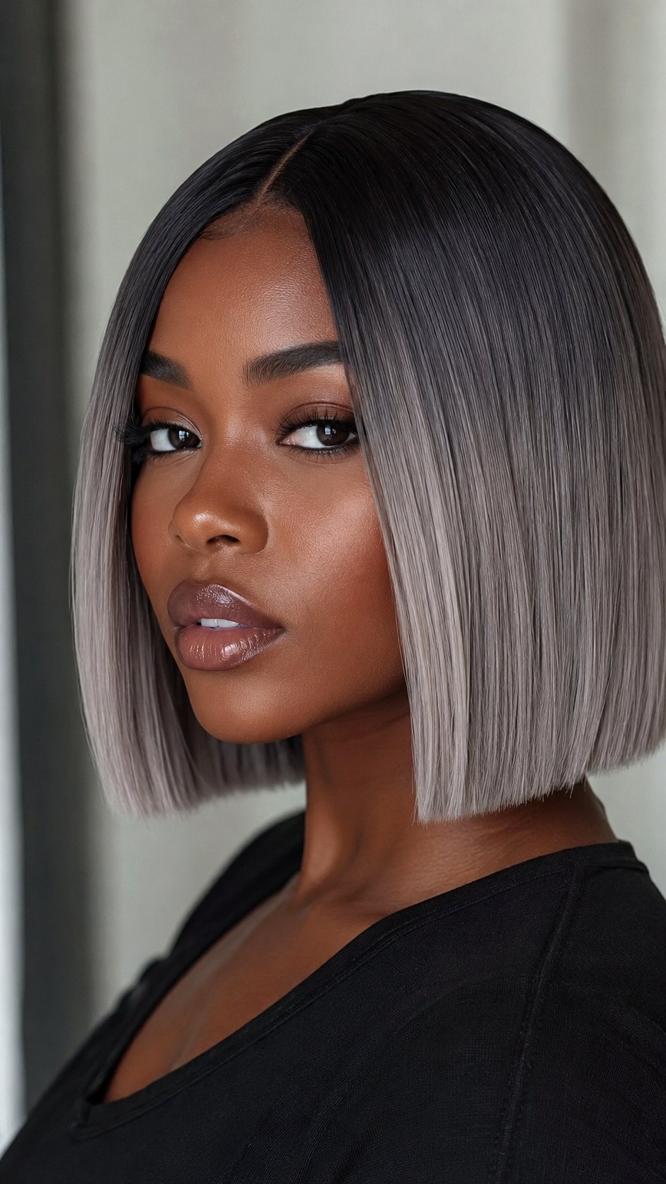 Black to Ash Gray Rooted Bob - 21 black hair color ideas
