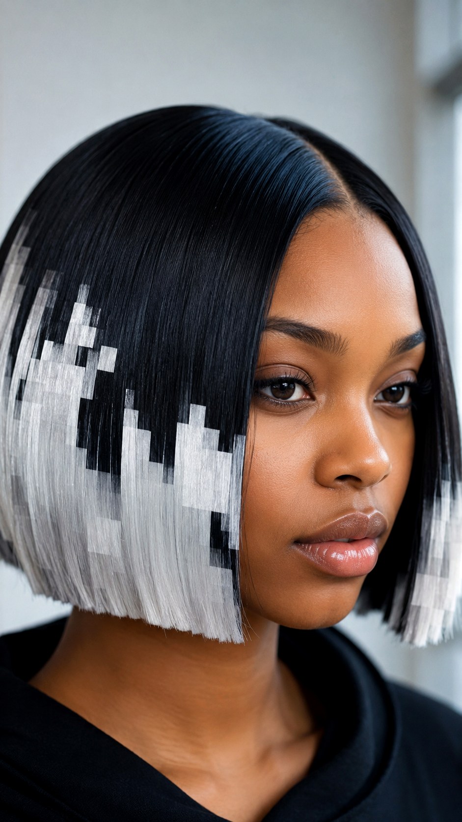 Black to Icy White Pixelated Color Block - 21 black hair color ideas
