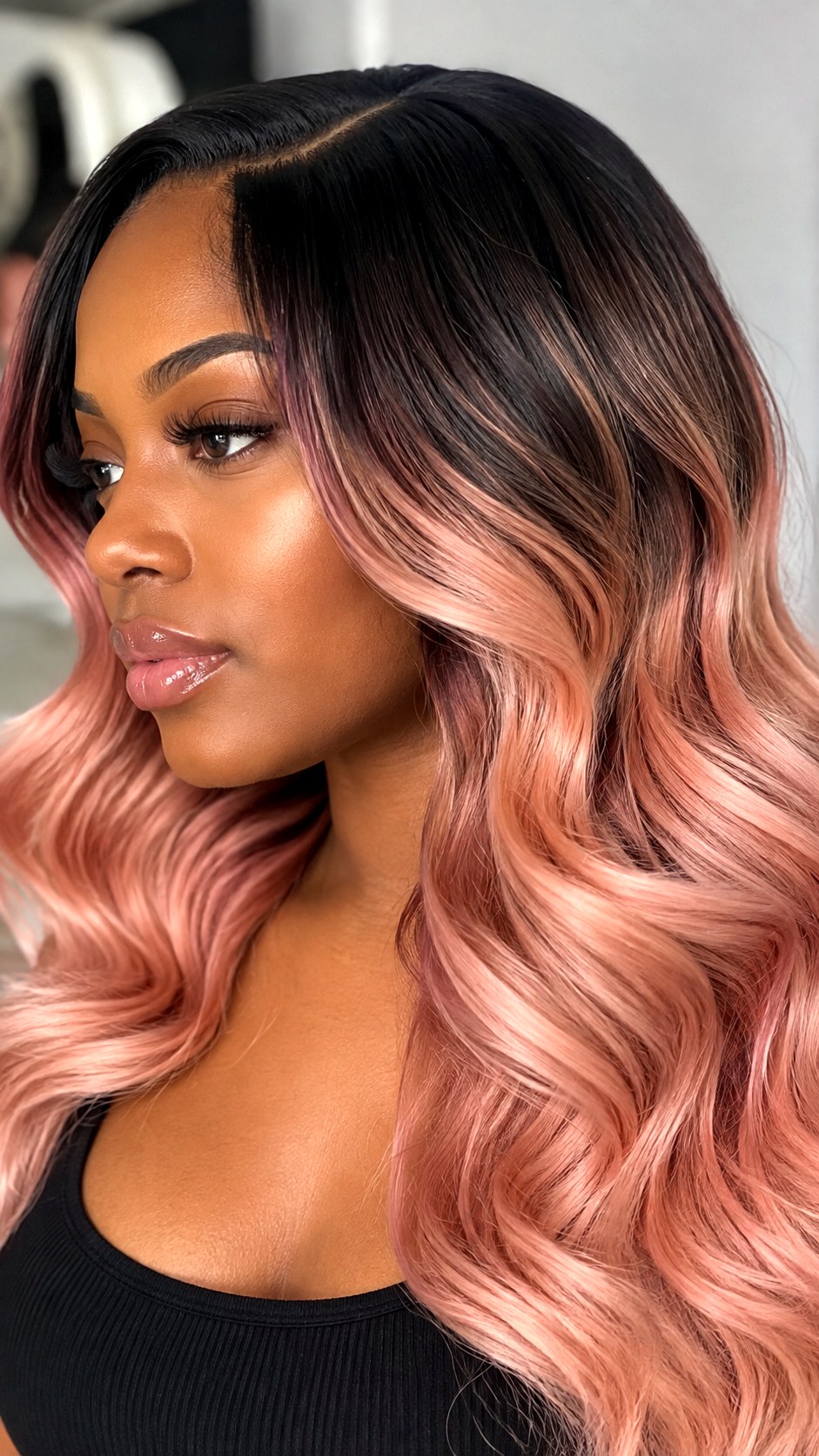Black to Rose Gold Melt Transition - 21 black hair color ideas