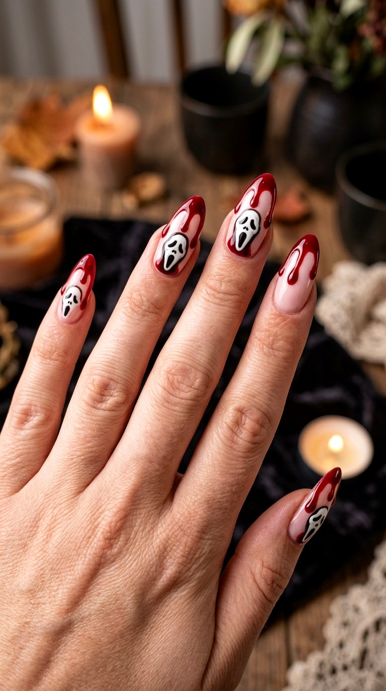 Blood Red Drip Ghost Face Nails - 22 ghost face nail ideas