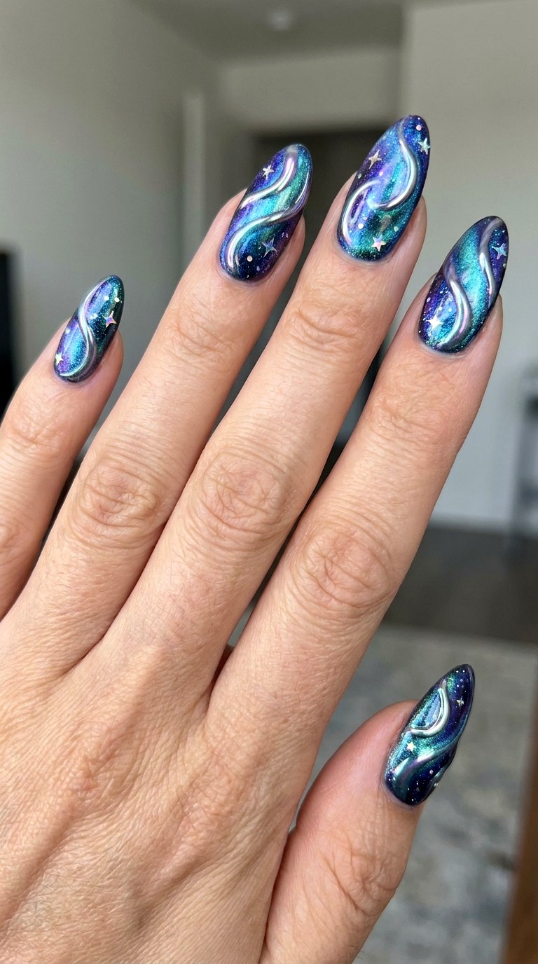 Blue Aurora Swirl Nail - 25 magical starry swirl nail ideas