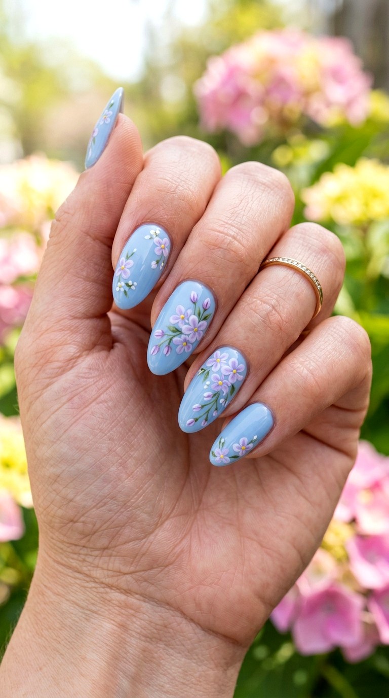 Blue Base With Lilac Flowers - 25 pastel purple blue nail ideas