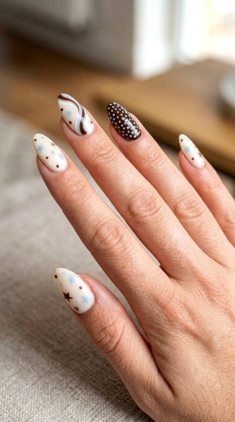 Blue Brown and Cream Mix - 20 Star and polka dots Nail design ideas