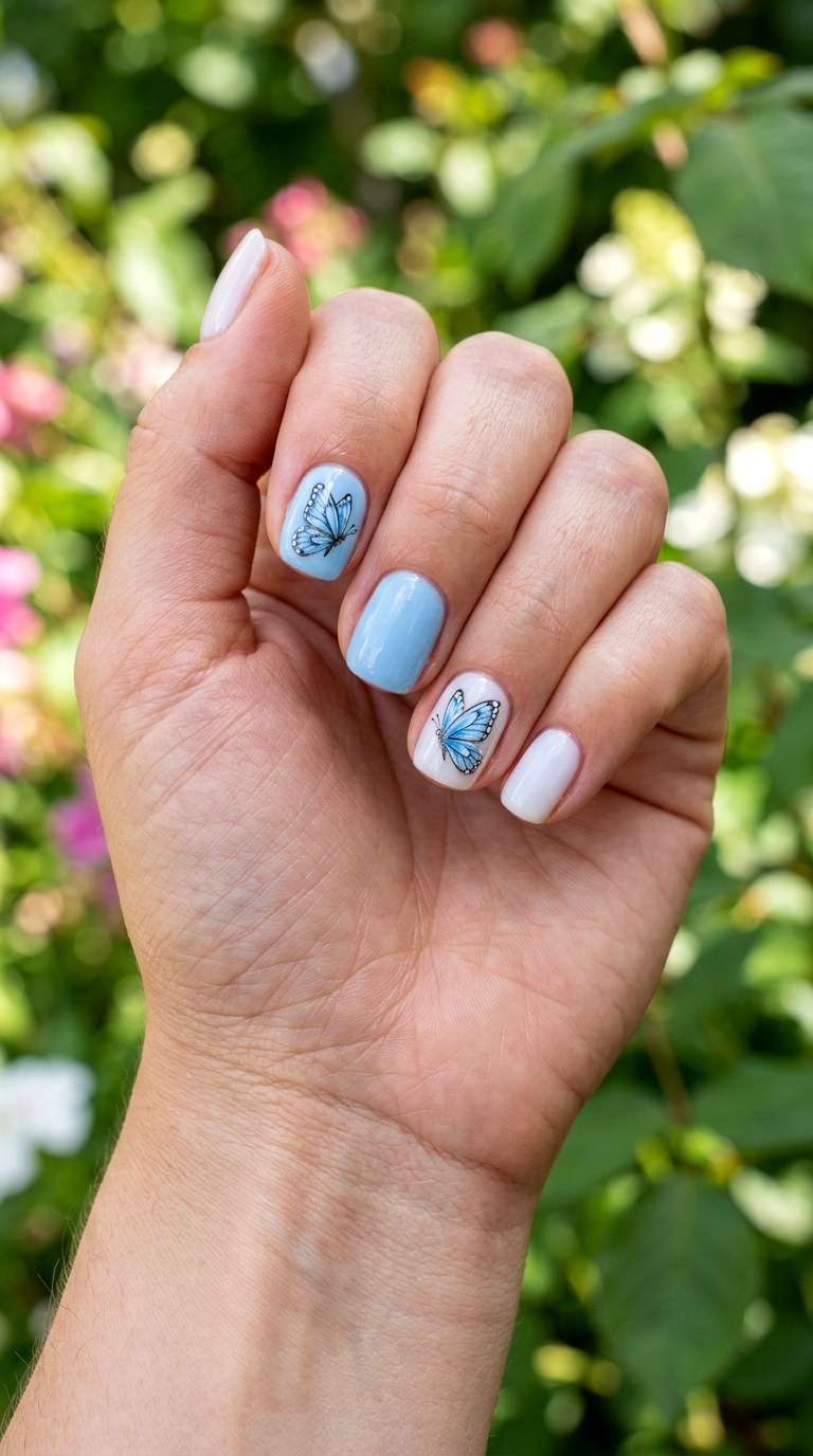 Blue Butterfly Accent Nails - 24 blue nails short ideas