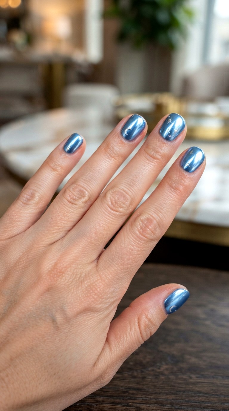 Blue Celestial Chrome Accents - 21 blue short nail art inspiration ideas