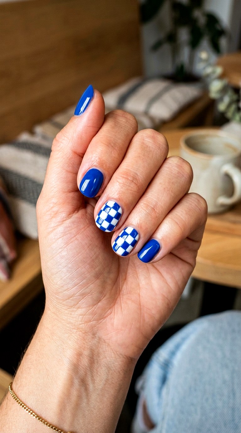 Blue Checkerboard Short Nails - 24 blue nails short ideas