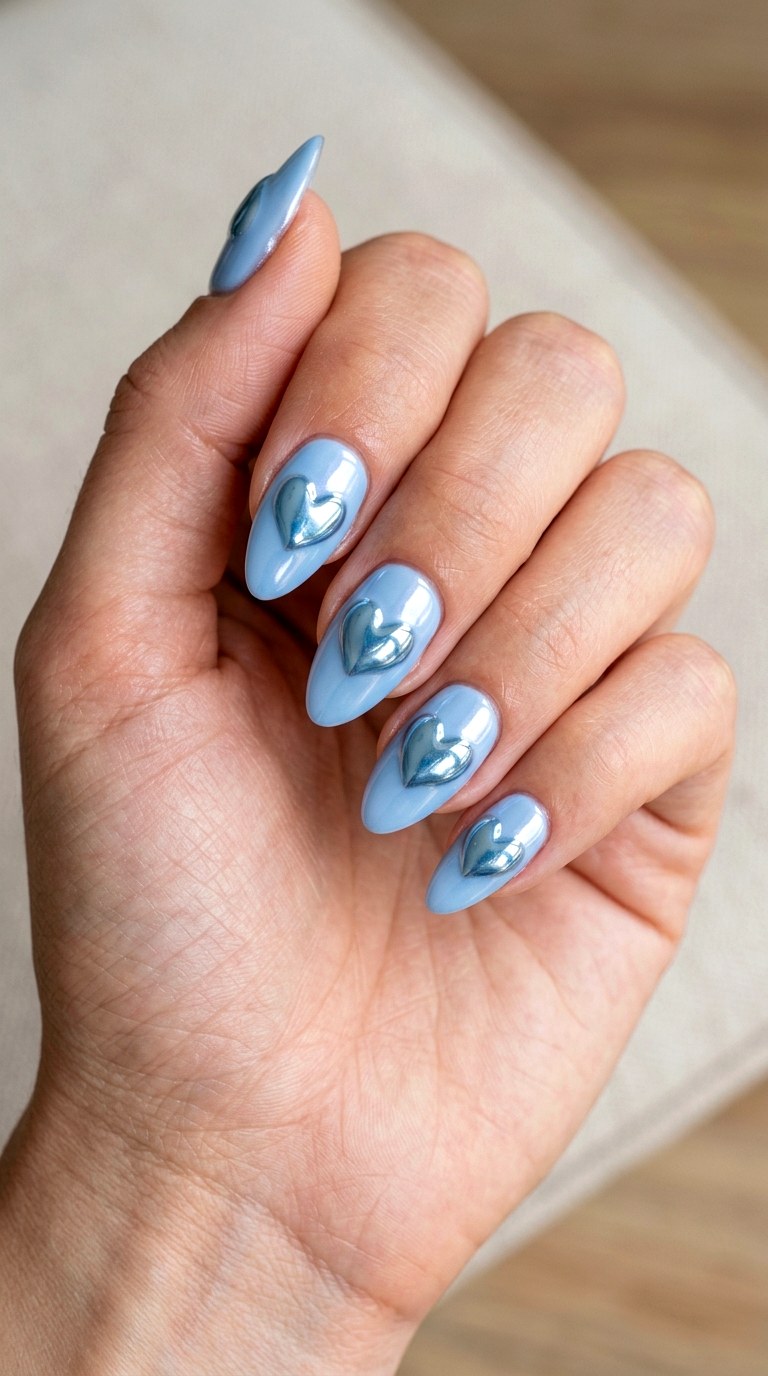 Blue Chrome Heart Details - 21 soft blue hearts nail art inspiration ideas