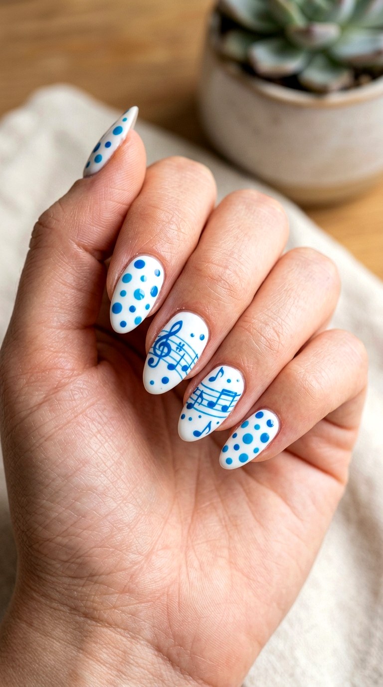 Blue Dots And Notes - 20 polka dots musical notes Nail design ideas