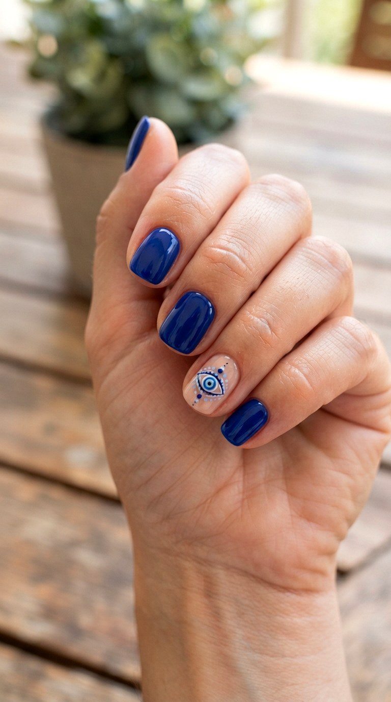 Blue Evil Eye Accents - 21 blue short nail art inspiration ideas