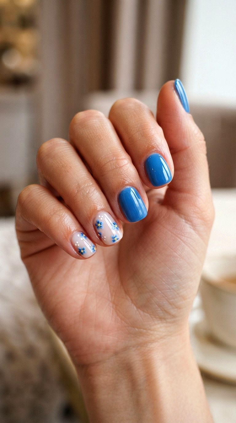 Blue Floral Accent Nails - 21 blue short nail art inspiration ideas