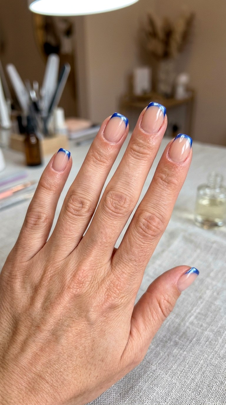 Blue French Tip With Chrome - 24 blue nails short ideas