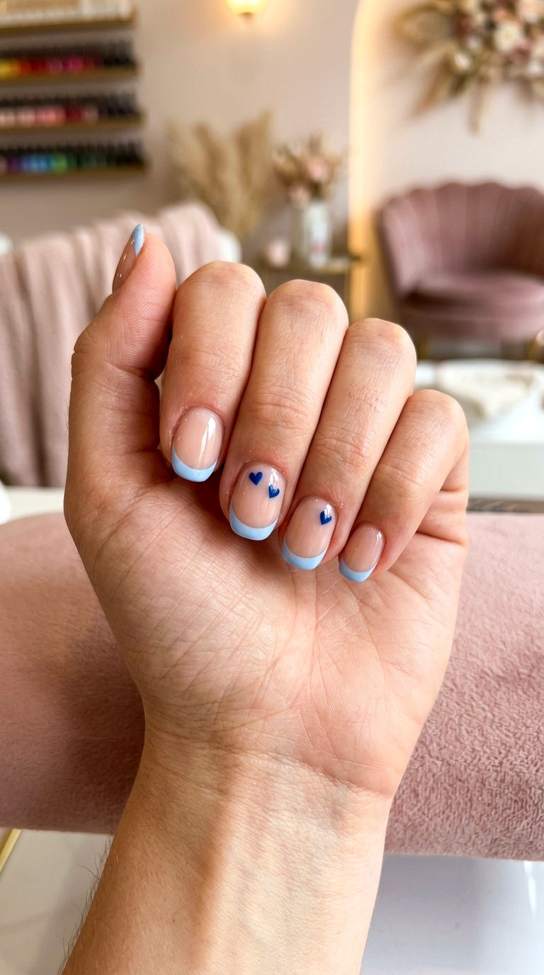 Blue French With Tiny Hearts - 24 blue nails short ideas