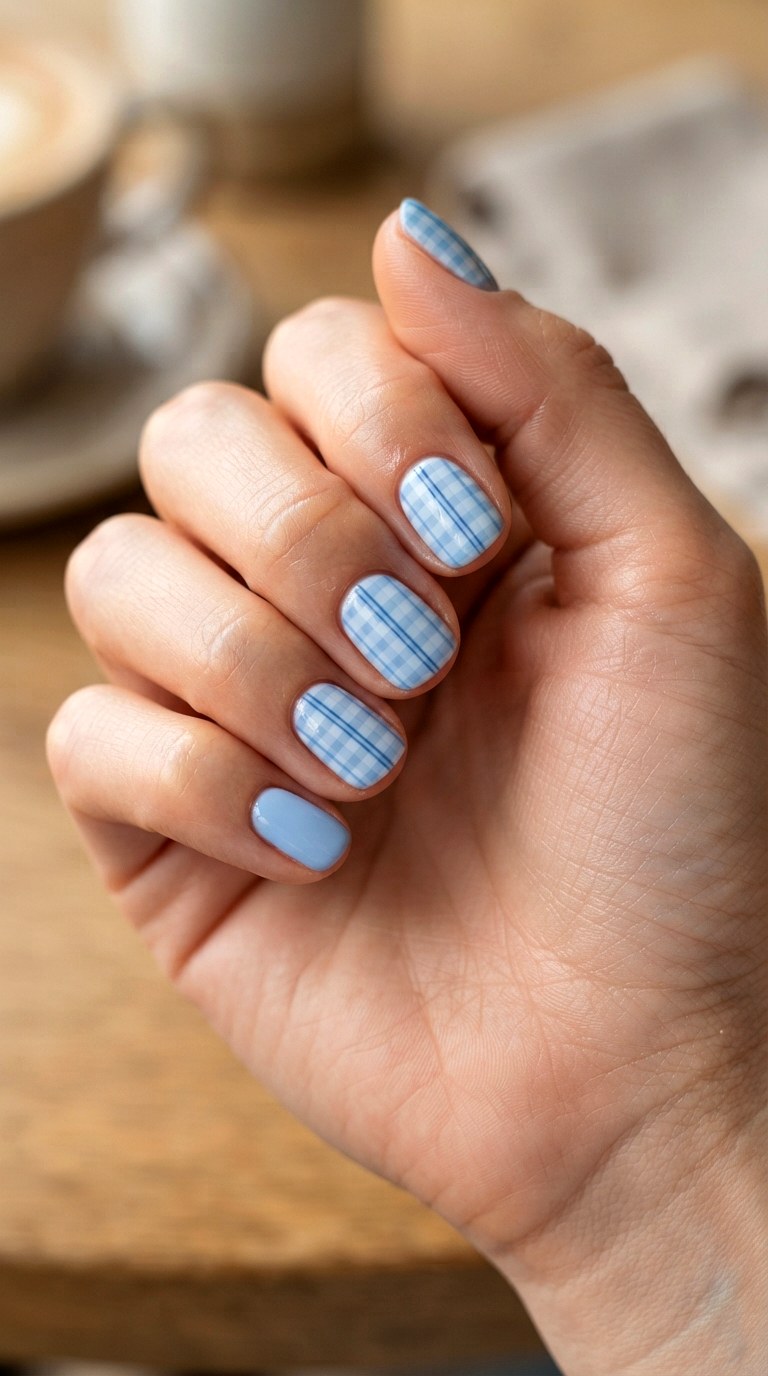 Blue Gingham Short Nails - 21 blue short nail art inspiration ideas