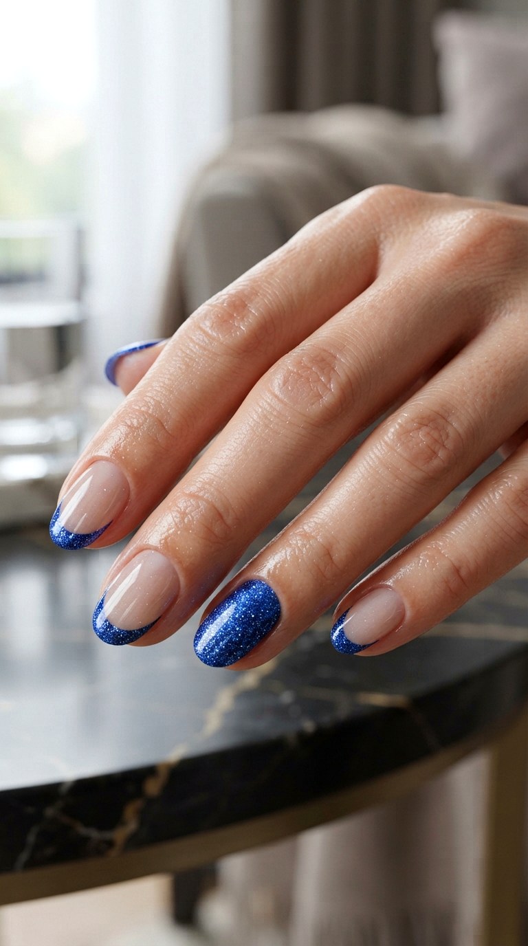 Blue Glitter French Tips - 21 blue short nail art inspiration ideas