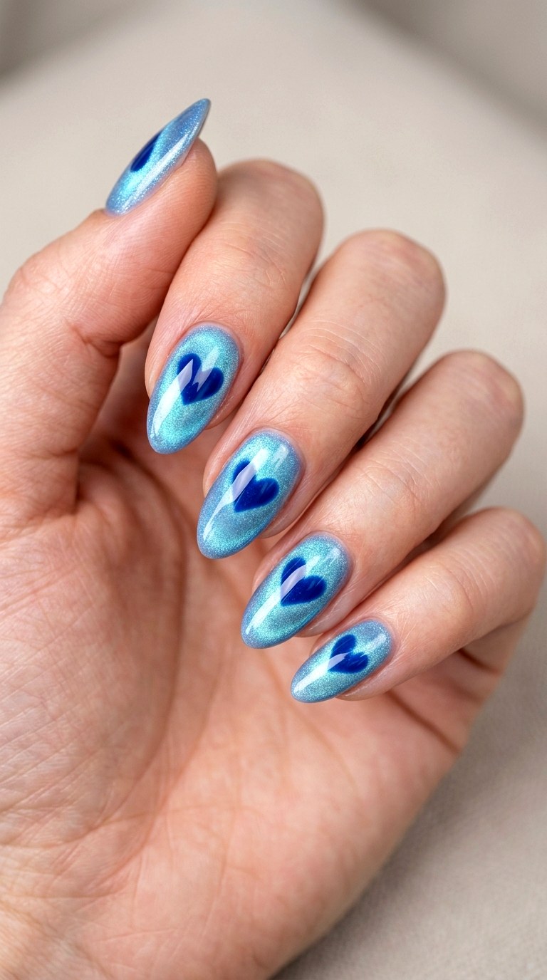 Blue Heart Cat Eye Glow - 21 soft blue hearts nail art inspiration ideas