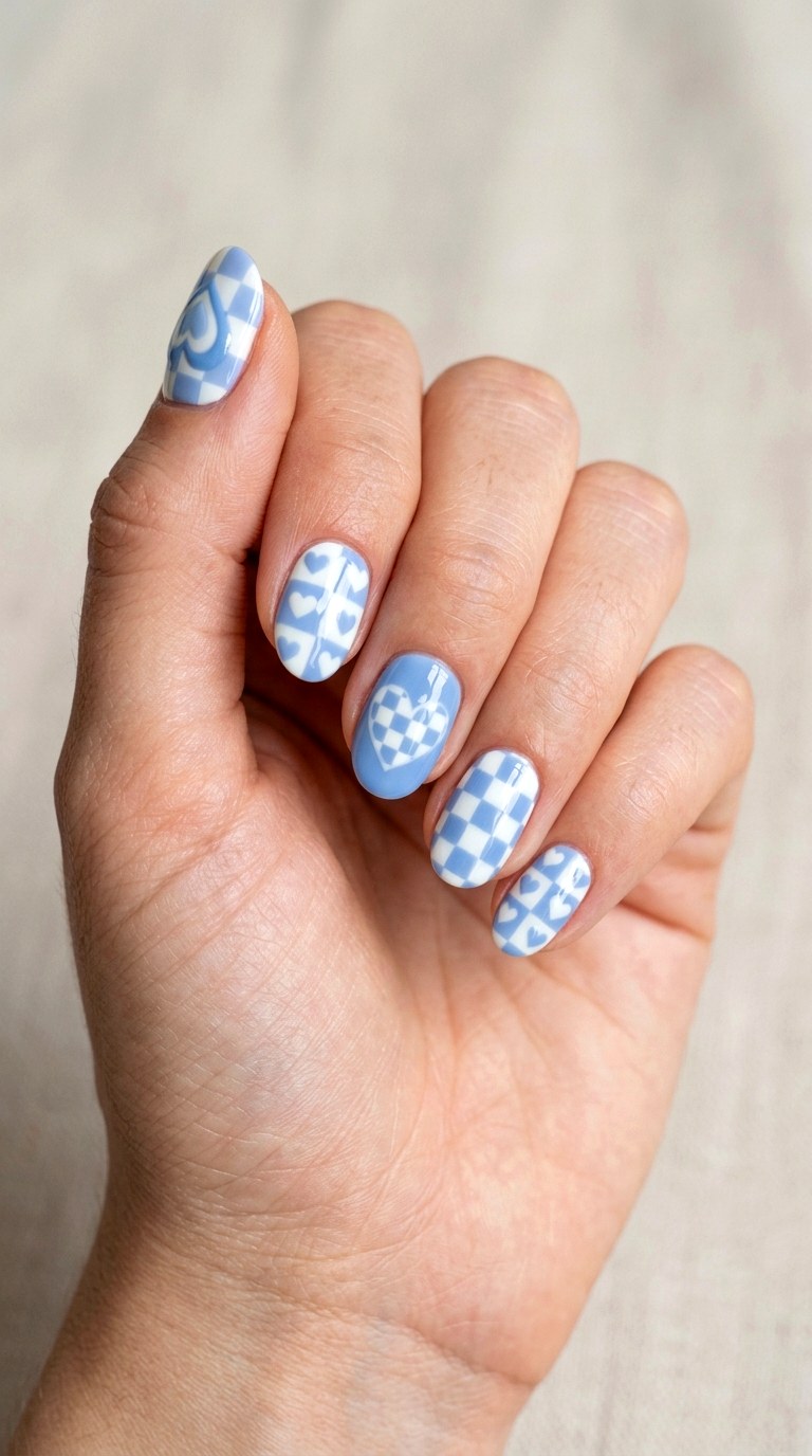 Blue Heart Checkerboard Mix - 21 soft blue hearts nail art inspiration ideas