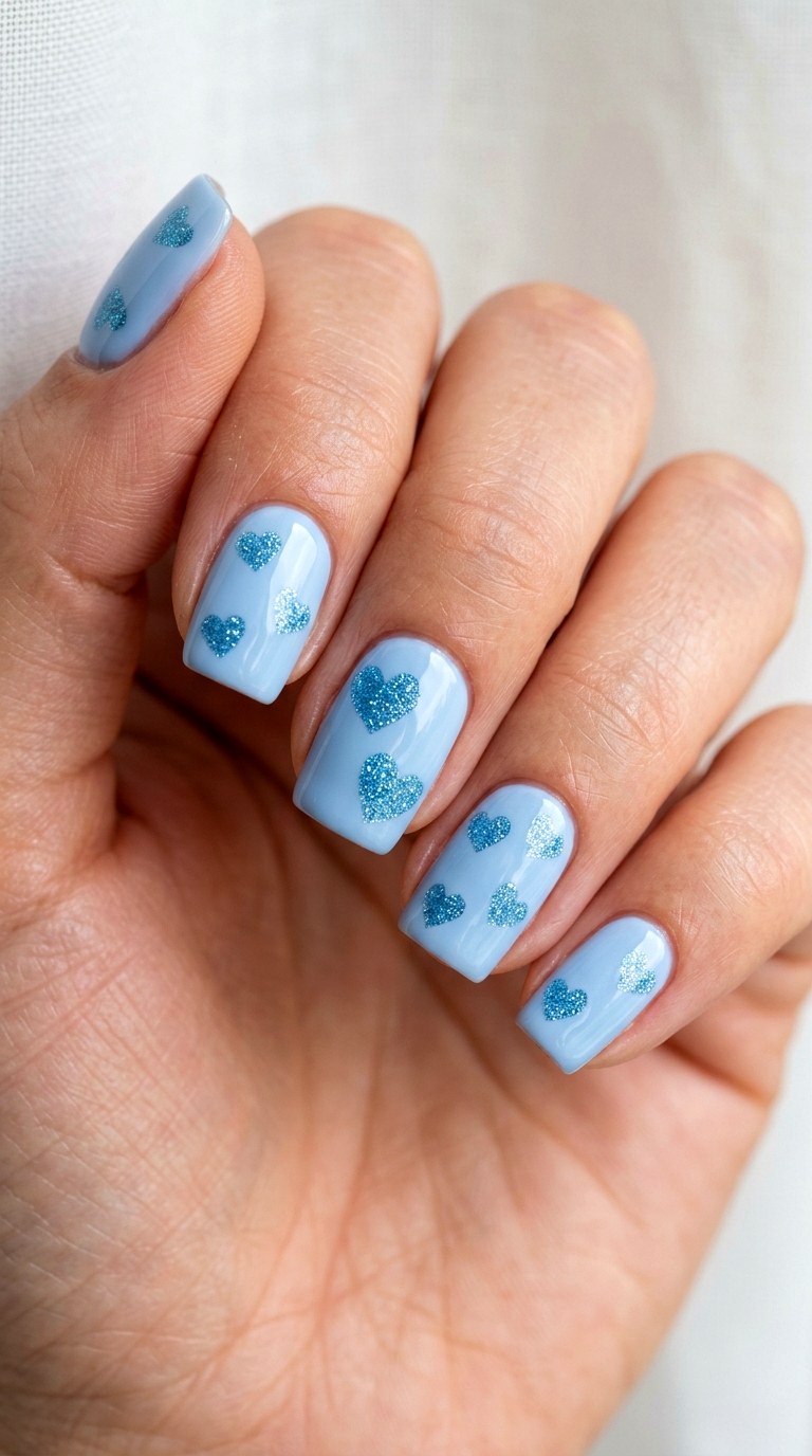 Blue Heart Glitter Glow - 21 soft blue hearts nail art inspiration ideas