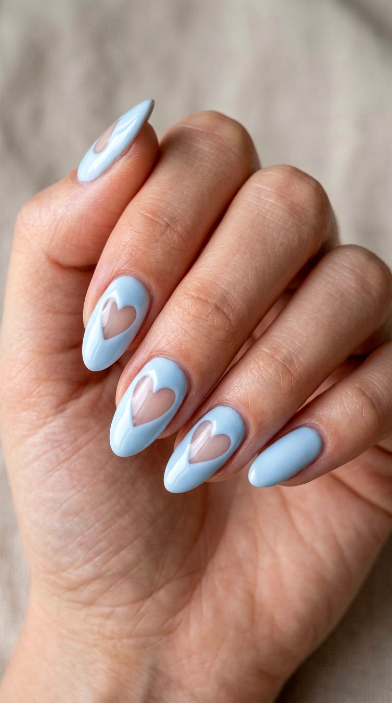 Blue Heart Negative Space Art - 21 soft blue hearts nail art inspiration ideas
