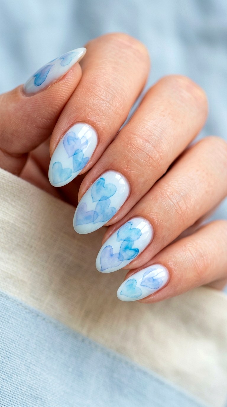 Blue Heart Watercolor Nails - 21 soft blue hearts nail art inspiration ideas