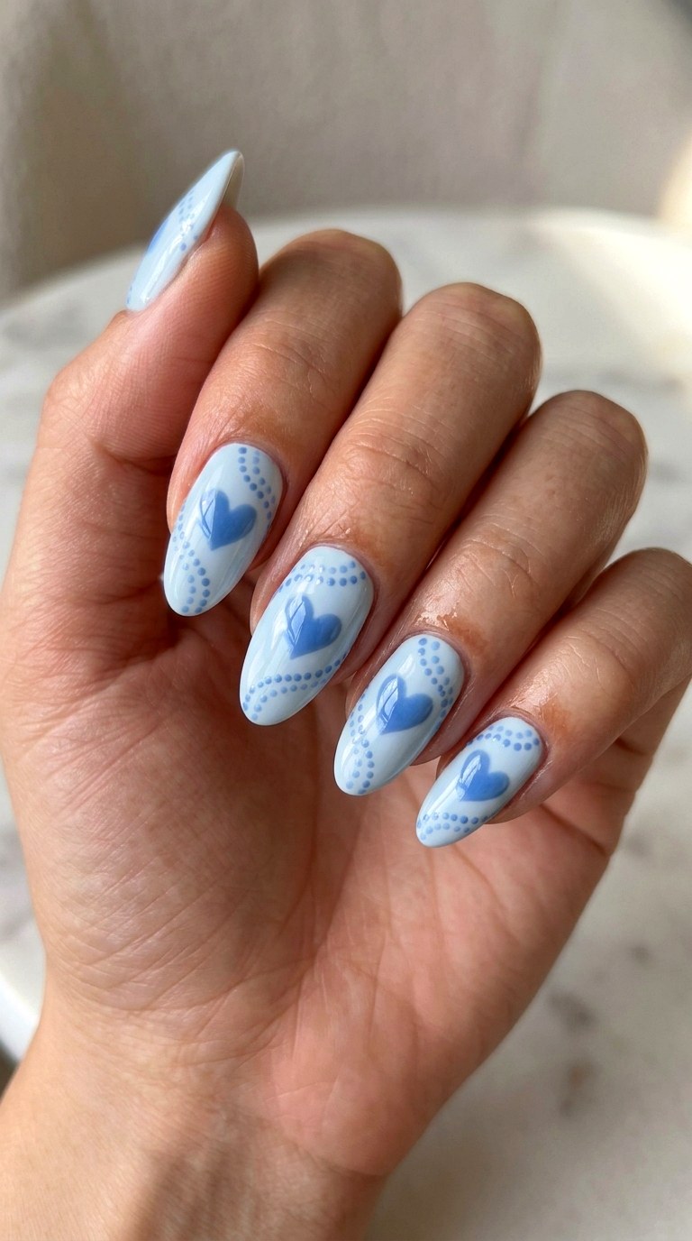 Blue Hearts and Micro Dots - 21 soft blue hearts nail art inspiration ideas