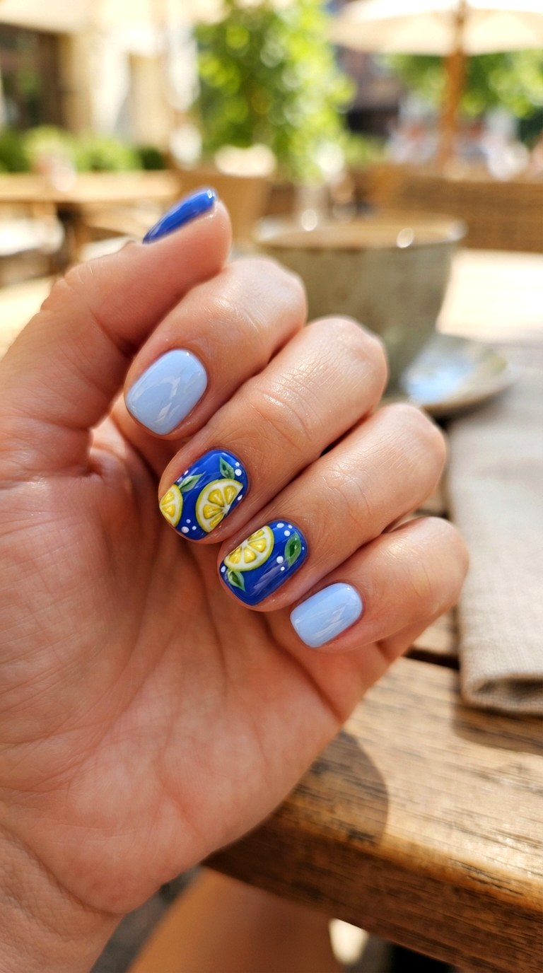 Blue Lemon Accent Nails - 21 blue short nail art inspiration ideas