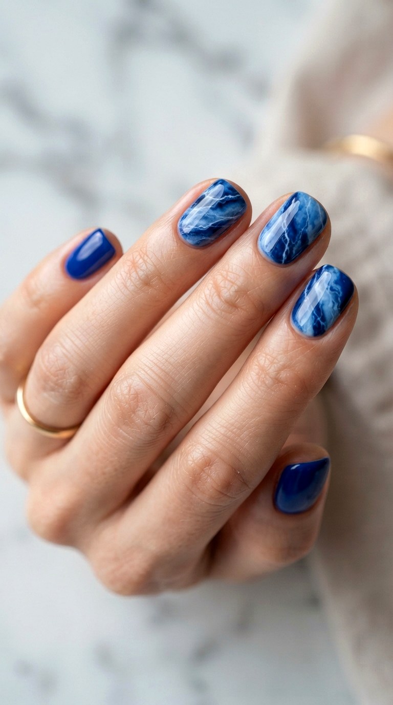 Blue Marble Short Nails - 21 blue short nail art inspiration ideas
