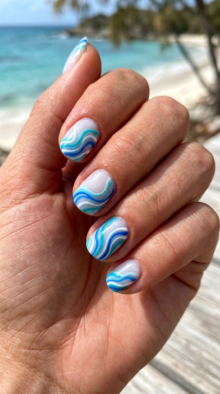 Blue Ocean Wave Nails - 24 blue nails short ideas