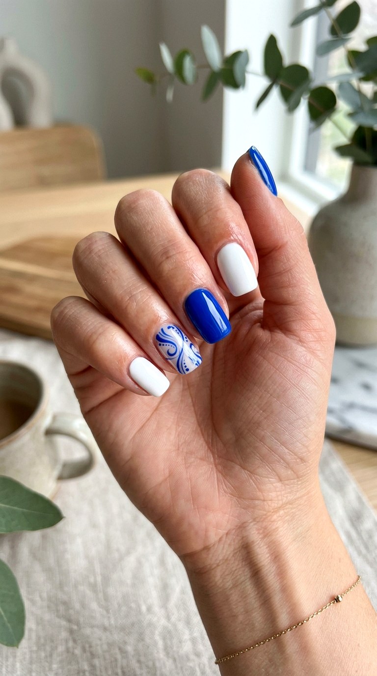 Blue and White Short Nails - 24 blue nails short ideas