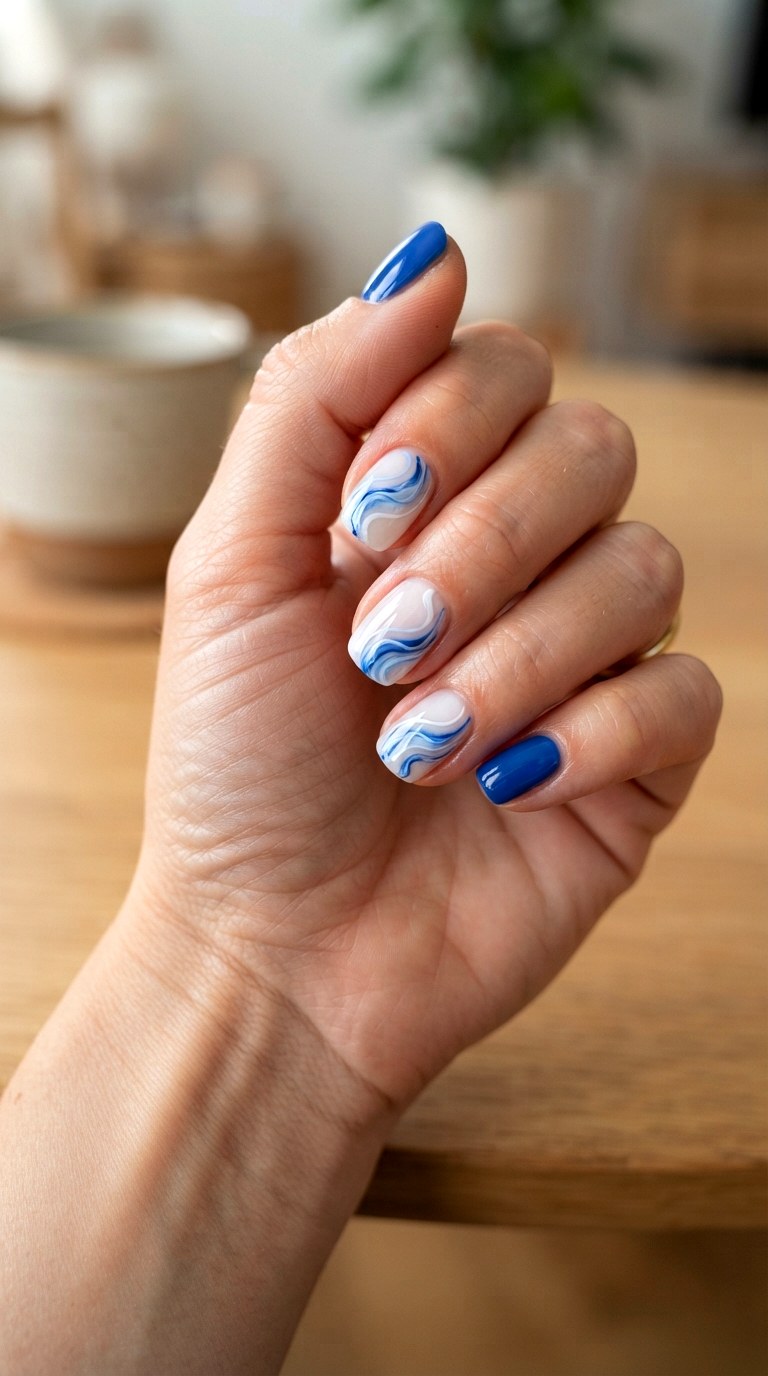 Blue and White Swirl Nails - 21 blue short nail art inspiration ideas