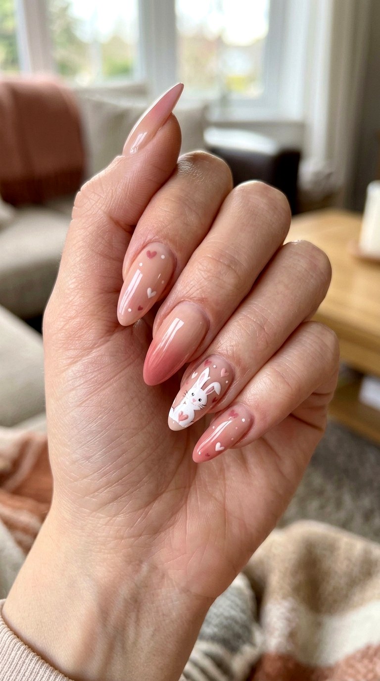 Blush Ombre Bunny Nails - 25 sweet heart bunny nails idea