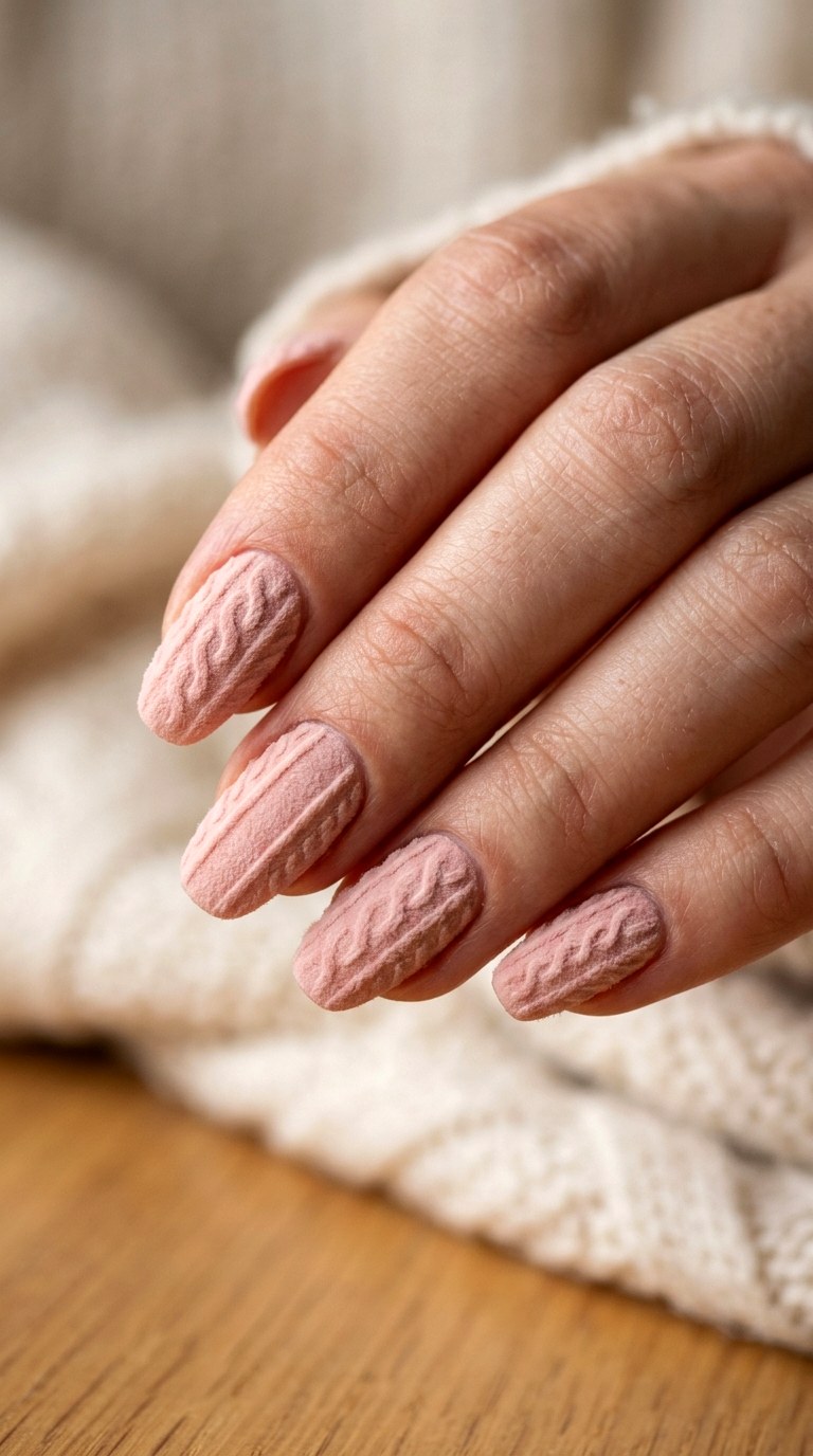 Blush Pink Sweater Texture Nails - 24 winter sweater nails nail art design ideas