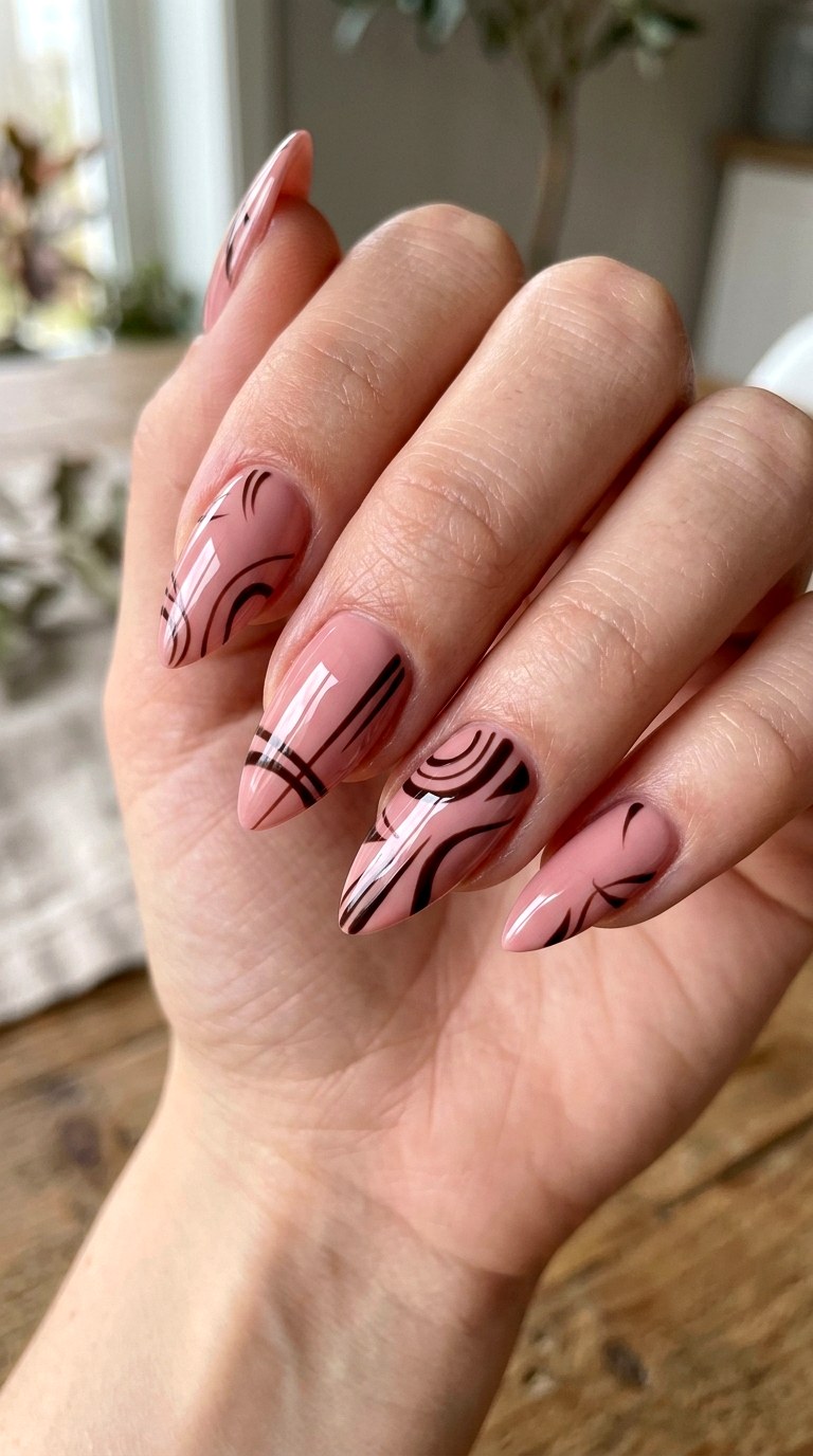 Blush Pink With Espresso Lines - 22 short stilleto nail with pink and brown nail art inspiration ideas