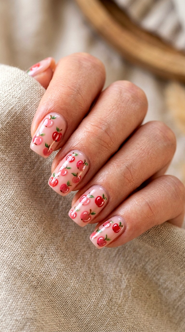 Blushing Pink Apple Set - 20 apple whimsical nail design ideas