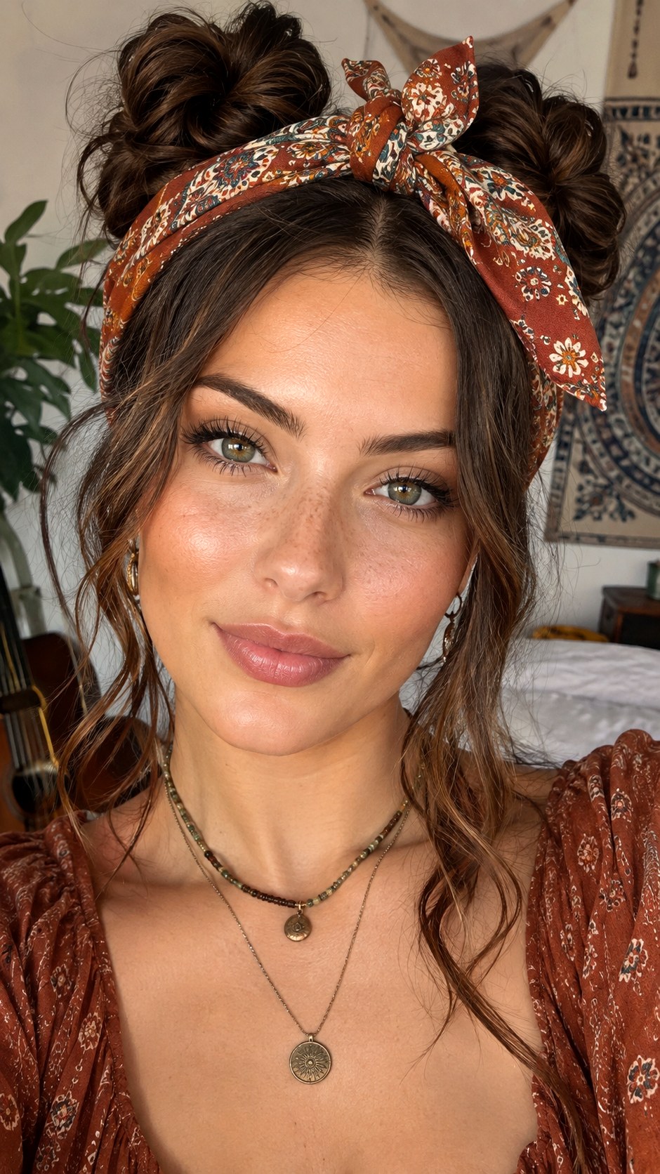 Boho Scarf Space Buns - 22 space bun hairstyle ideas