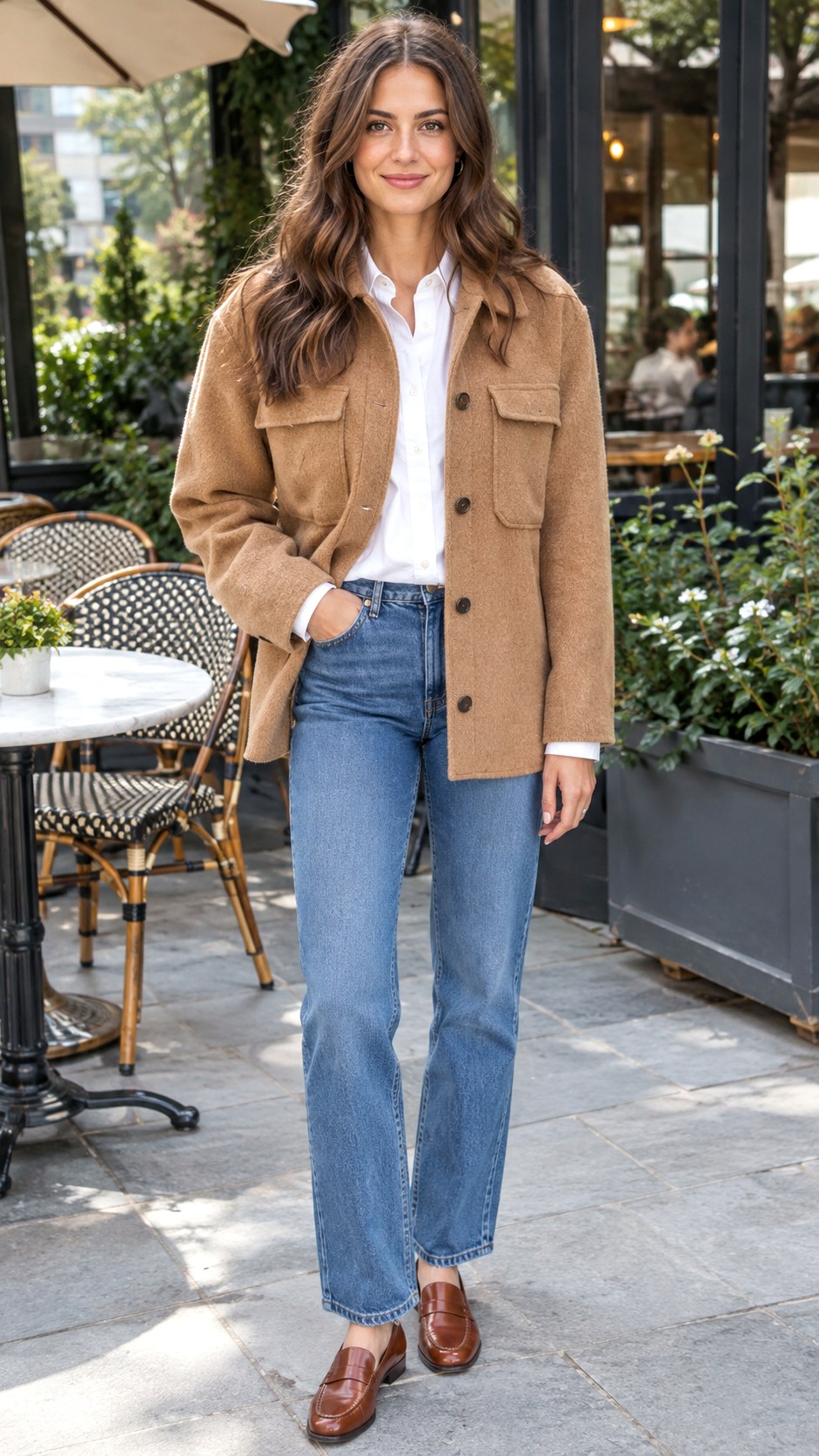 Boiled Wool Shacket Straight Leg Jeans - 21 shacket jacket outfit ideas