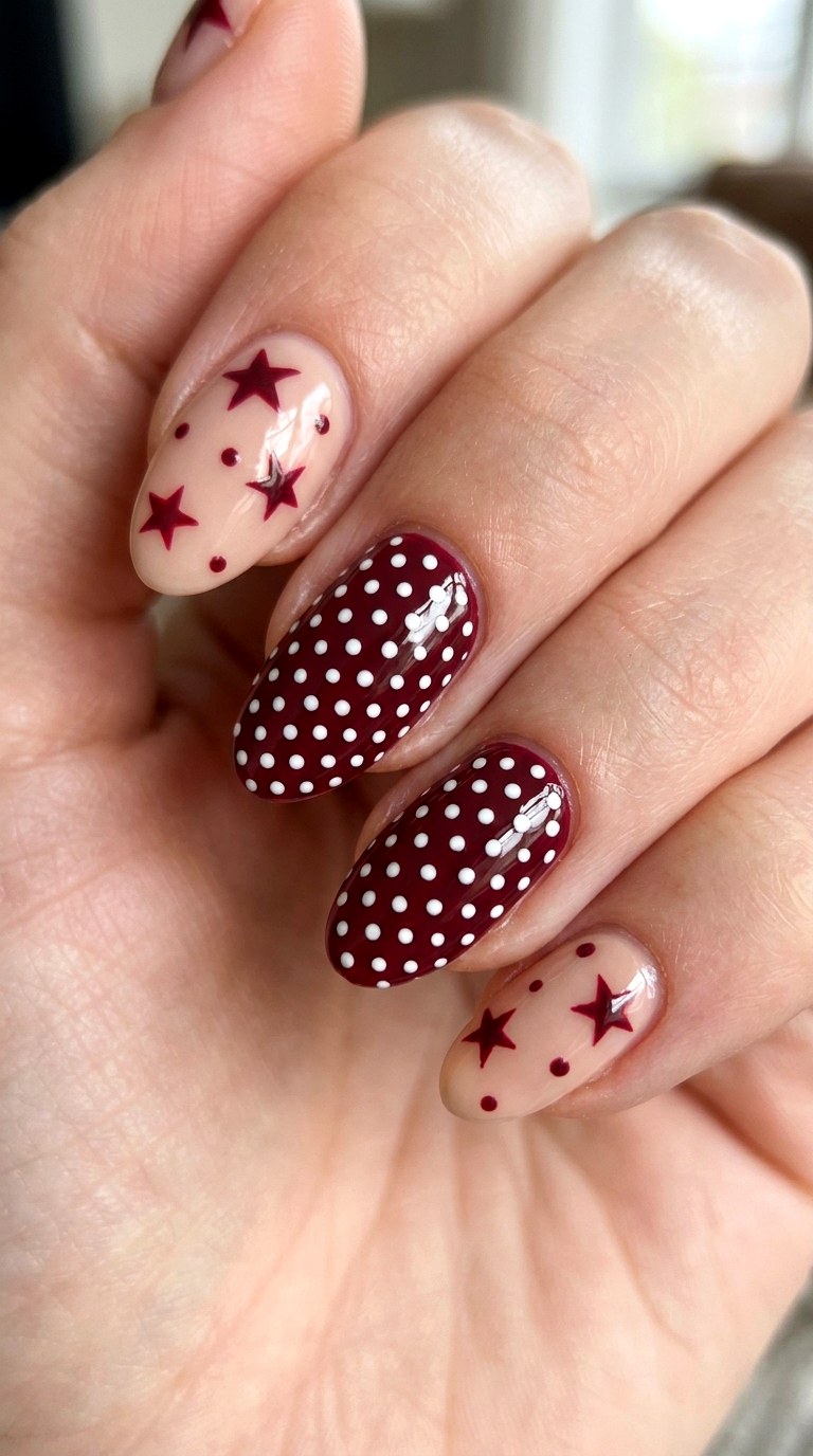 Bold Burgundy Accent Nails - 20 Star and polka dots Nail design ideas